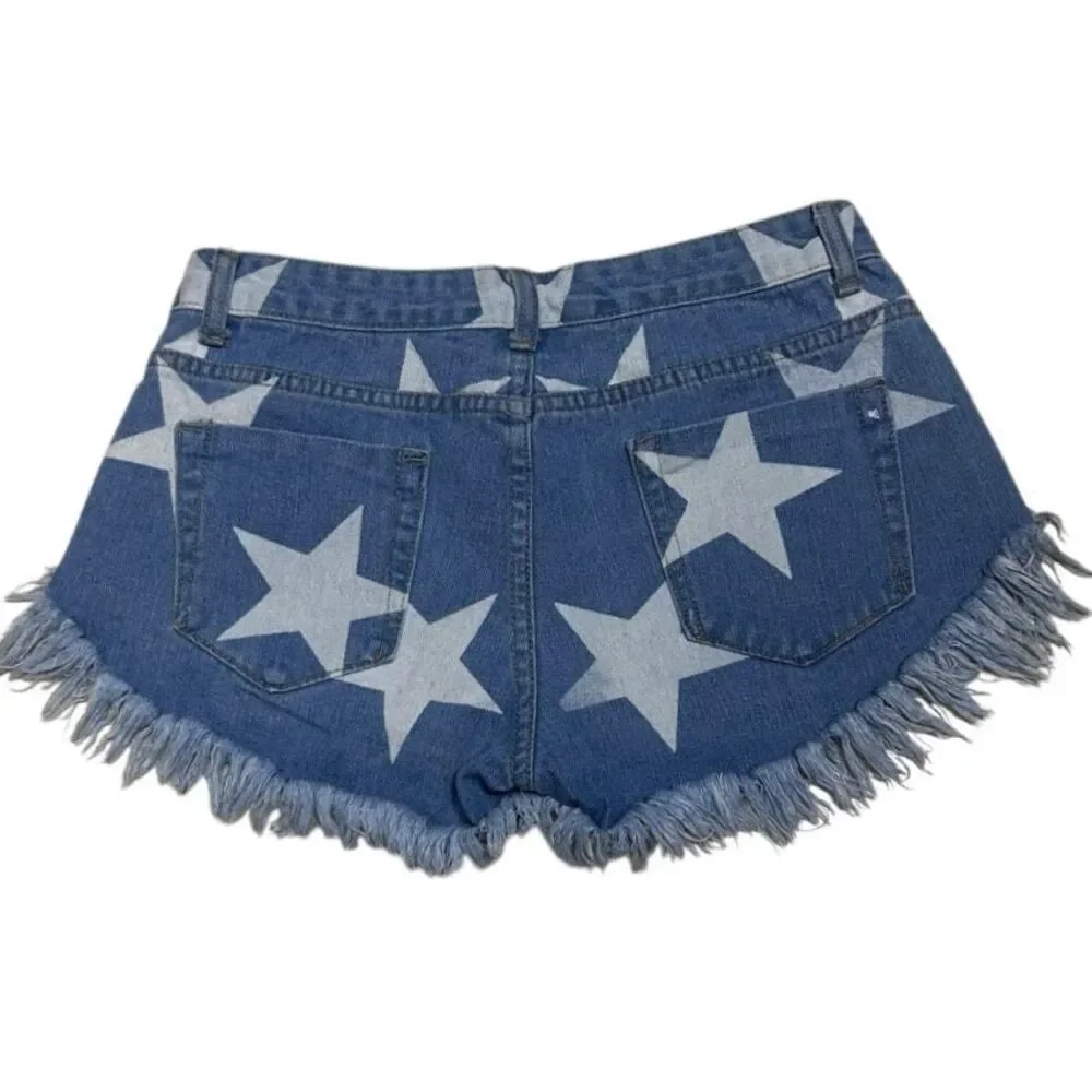 NWOT Shein Jean Shorts Women's Medium Blue Star Print Frayed Mid-rise